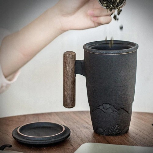 NORDTHAL Keramiktasse Kaffeetasse Teetasse Tasse mit Teesieb Holzgriff schwarz - Bild 3 von 8