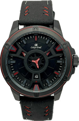 Oskar Emil Classic WING Herren Qualitätsuhr mit Datum Lederarmband schwarz/rot