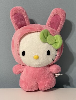 Sanrio Hello Kitty 7  Pink Easter Bunny Green Bow Smiles Stuffed Animal Plush