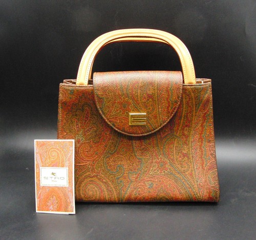 Etro Handbag Tote Bag Vintage Paisley Leather Trim Top Handle Satchel Brown