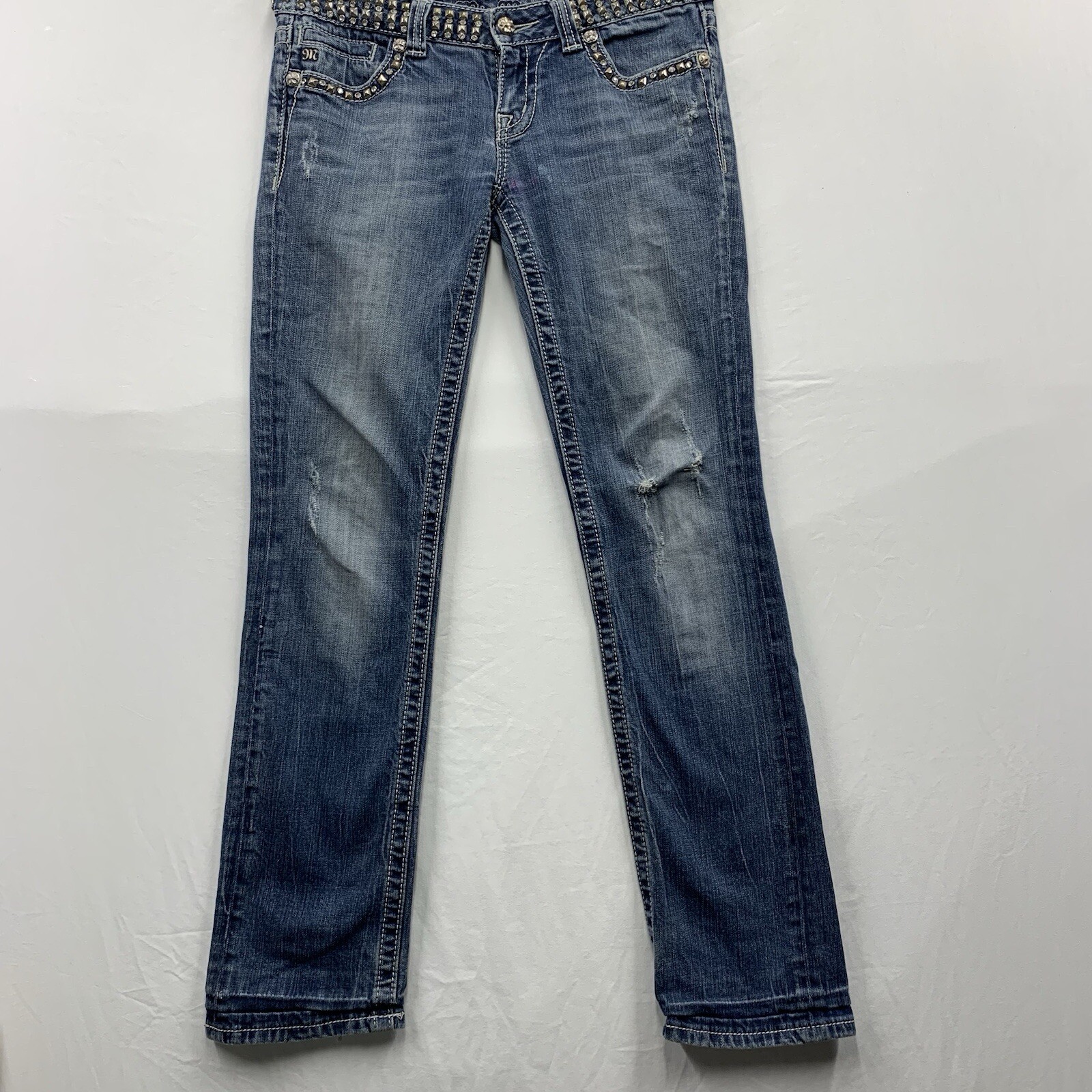 MISS ME Womens Blue Denim Studded Rhinestone Waist Jeans Size 28