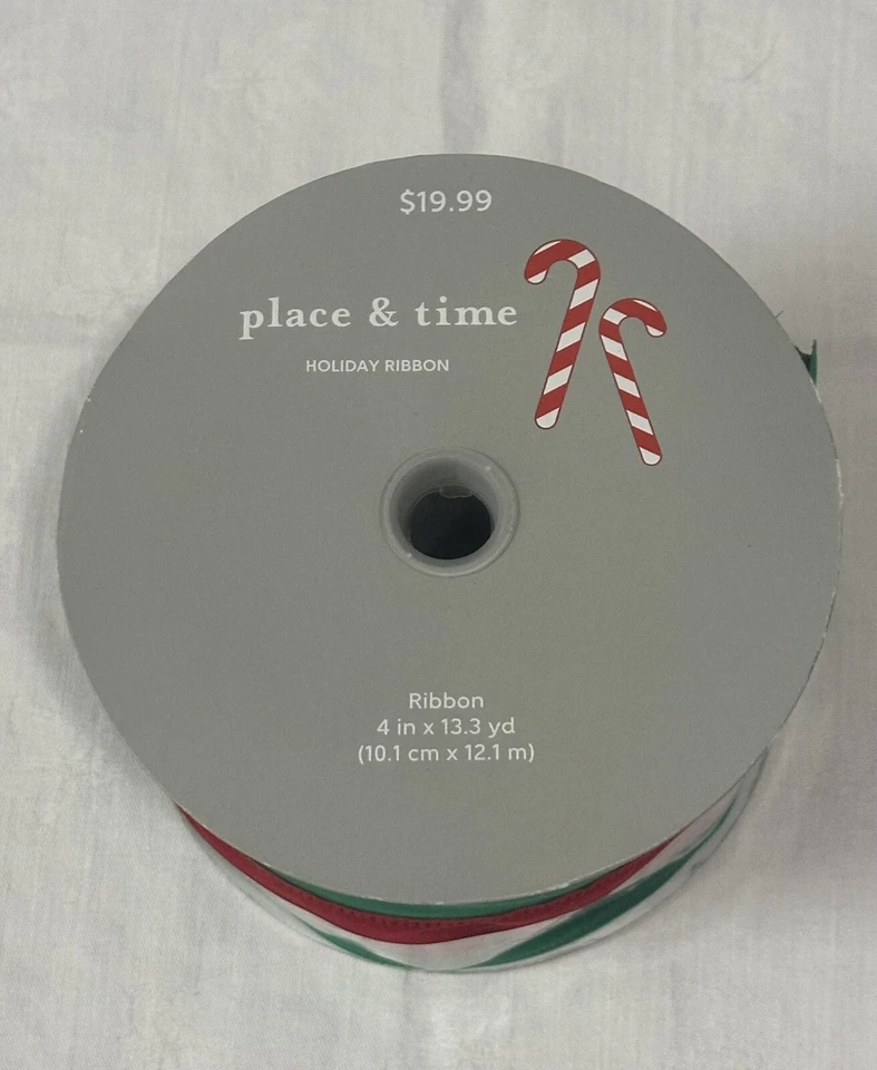 Place & Time - Holiday Ribbon Green Velvet Red Stripe Large 4" Wire Edge NEW - Image 2 of 3
