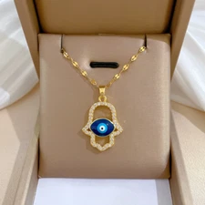 Fashion Jewelry Cubic Zircon Gold Hamsa Hand Evil Eye Pendant Necklace 478