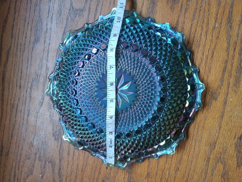 VTG 10" Blue Carnival Glass Bowl/Platter Diamond Point Indented flower in Center - Picture 5 of 6