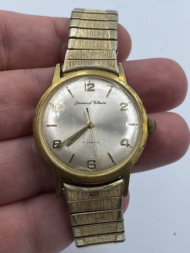 Vintage Gold Plated Watch Germinal Voltaire 17 Jewels Swiss Made Wind Up Stretch - Picture 6 of 12