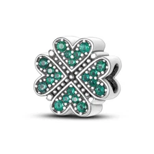 MULA European Silver Plated Charm Green CZ Heart Four Leaves For Women Bracelet