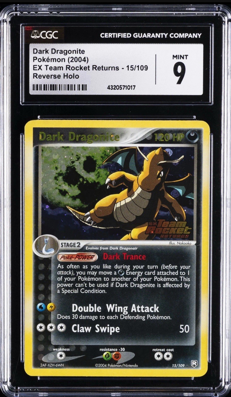 2004 POKEMON EX TEAM ROCKET RETURNS #15 DARK DRAGONITE-REVERSE FOIL CGC 9