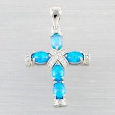 Latin Cross Ocean Blue Fire Opal Cabochon CZ Silver Jewelry Necklace Pendant