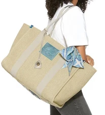 NWT $285 Kurt Geiger Southbank X Large Raffia Scarf Shopper Tote Beige multi