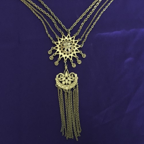 Antique Gold Tone Victorian Four Chain Pendant Necklace Mourning Art Nouveau - Picture 2 of 10