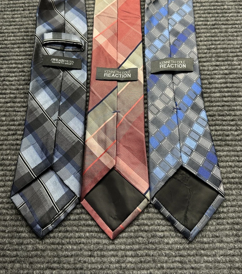 Lote de 3 gravatas masculinas Kenneth Cole azul cinza rosa xadrez reação longa seda - Imagem 2 de 4