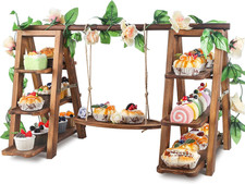 Wooden 3 Tier Cupcake Stand with Swing and Flower Decoration Serving Removable T