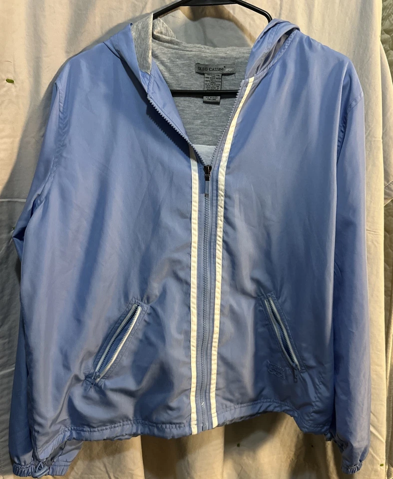Chaqueta deportiva Oleg Cassini azul/blanco ligera con cremallera con capucha talla mediana Foto 2 de 4