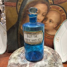 ancien Petit pot a pharmacie flacon Verre Bleu  Anglica 19cm