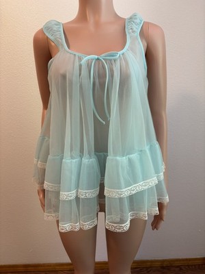 VTG TOSCA  BLUE-GREEN LAYERED NYLON FRiLLY RUFFLED TWiRLY BABYDOLL SABRINA