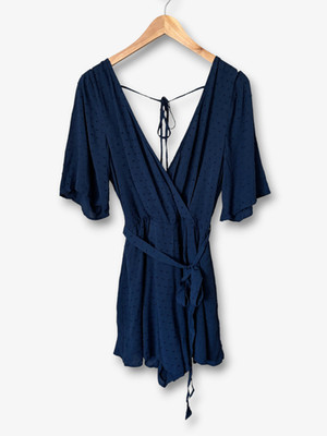 Francesca's Mi Ami Navy Blue Swiss Dot Wrap Romper Whimsical Indie Boho Size M