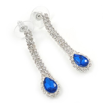 Braut/Abschlussball/Hochzeit klar/saphirblau Kristall Träne Ohrringe in Silber