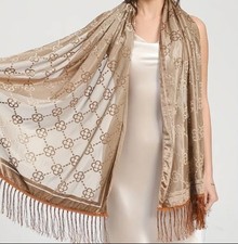 Velvet Shawl Scarf Khaki Four Leaf Tassel Fringe New Free Ship 78"x27.5"