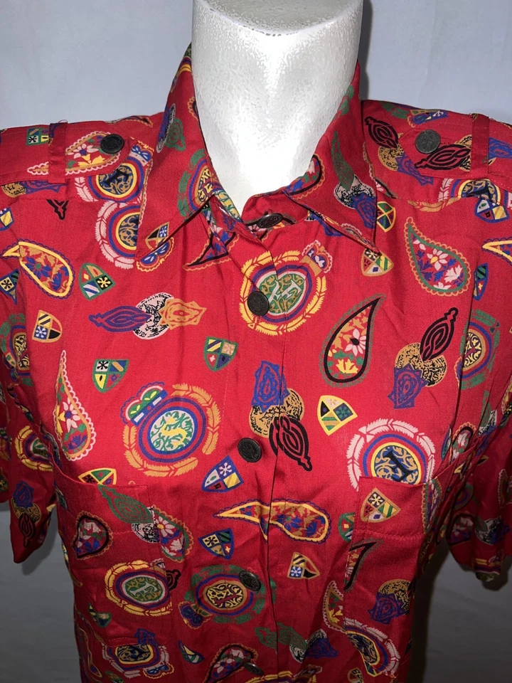 Leslie Fay Top Women's Size 12 Vintage Colorful Red SS Button Shirt Blouse - Image 2 of 4