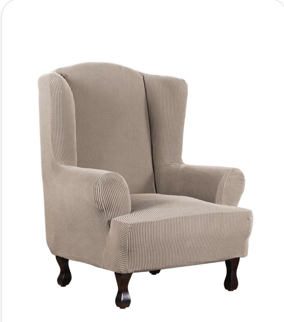 Slipcover. 1 Piece Spandex . Checked Pattern. Sand