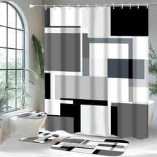 4 Pcs Bathroom Sets with Shower Curtain and RugsGrey Geometric Bathroom Showe
