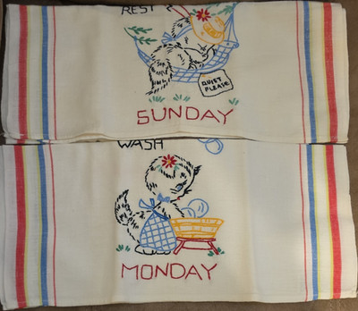 Cannon Cotton Kitchen & Tea Towels Set Cat Embroidered Sunday Monday