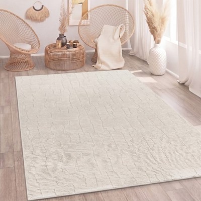 Teppich Wohnzimmer Hochflor Skandinavisch Boho 3D Flauschig Waschbar Deko Creme