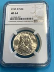 1953-D Franklin Half Dollar NGC MS64 Frosty White PQ New Holder