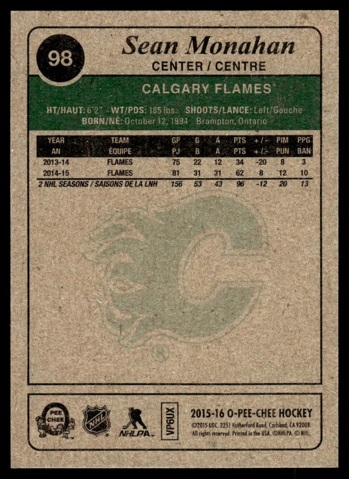 2015-16 O-Pee-Chee Retro Sean Monahan Calgary Flames #98 - Image 2 of 2