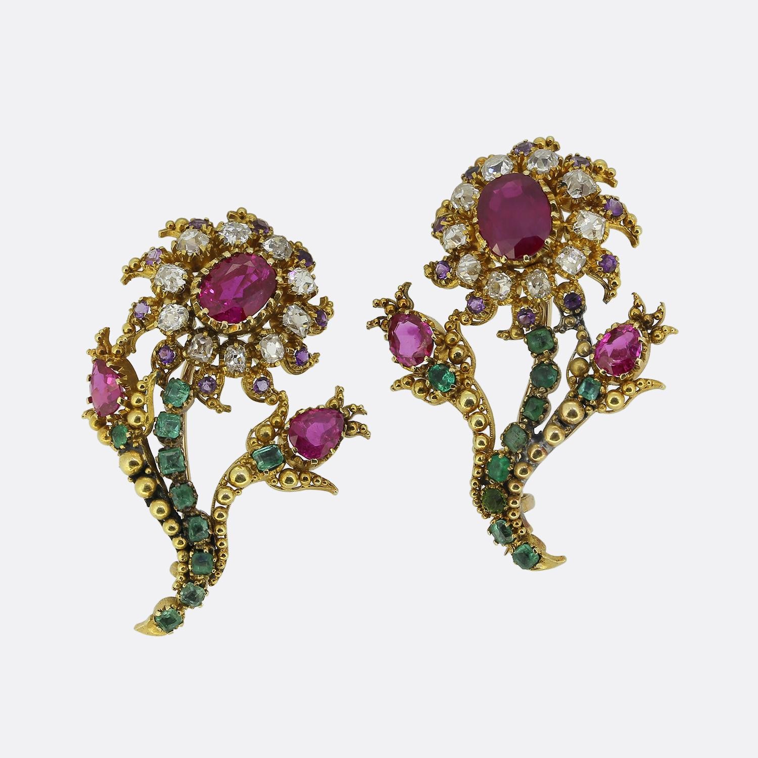 Antique Burmese Ruby and Multi Gemstone Flower Br… - image 1