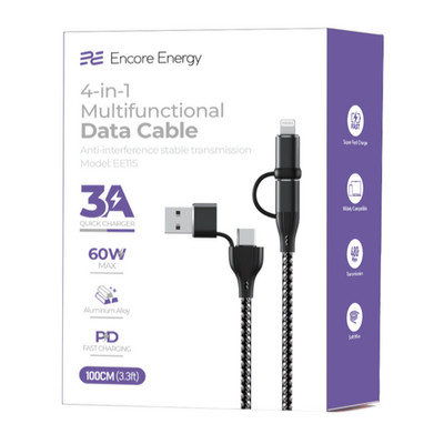 Encore Energy 4in1 USB C USB A Kabel 3A 60W 100cm Geflochten Lade Daten Kabel