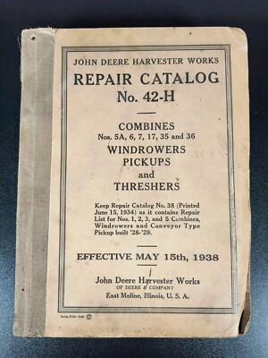 1938 John Deere tractor Harvester Combine Threaster Repair Catalog Manual 42-H 