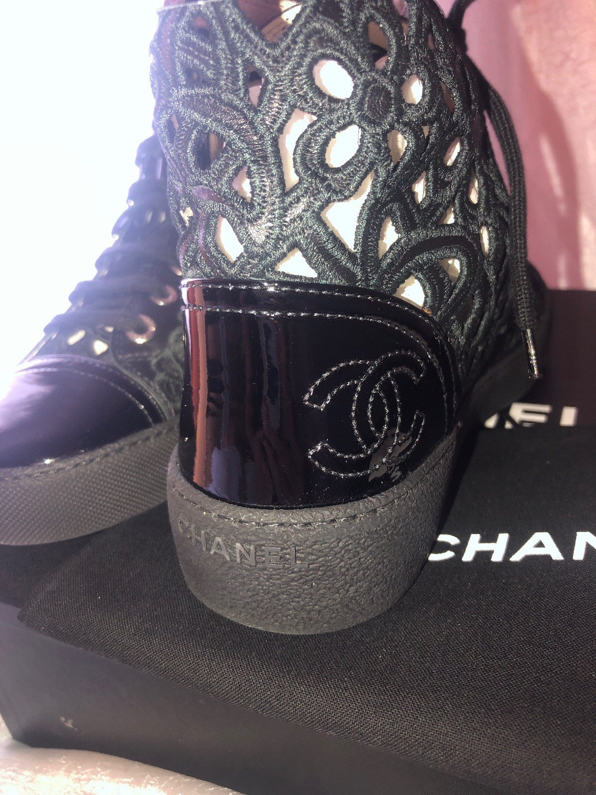 NIB CHANEL Floral Cutout Hightop Sneakers Black Leather w/Patent Tip Sz.37 $1.2K image 5