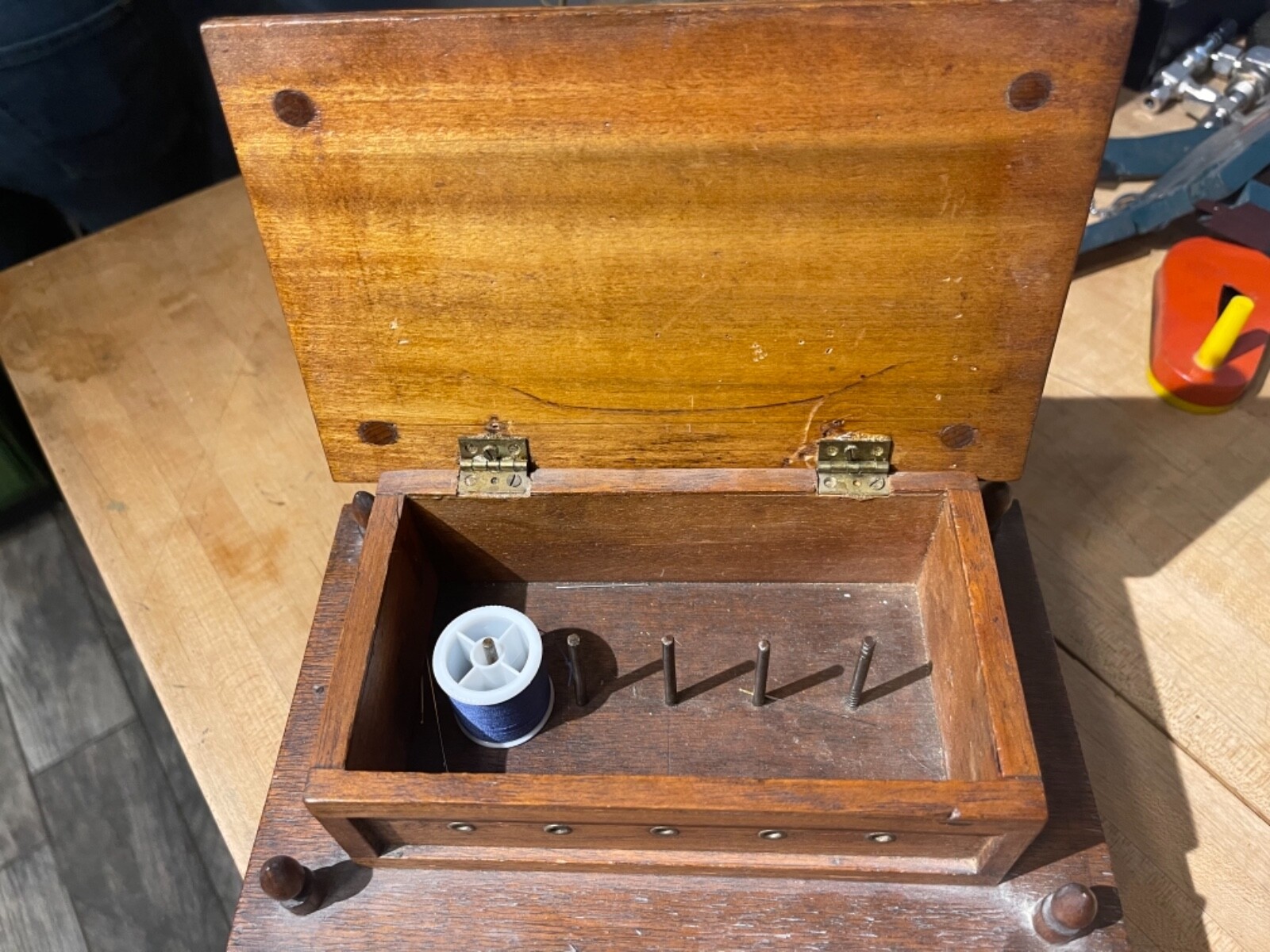 Vintage tramp art cigar box sewing thread needle holder 2 drawers eBay