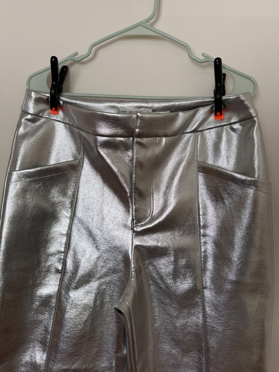 Avec Les Filles Metallic Silver High Waist Crop Wide Leg Pants