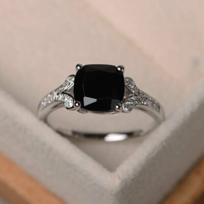 1.70Ct Bold Cushion Cut Simulated Black Onyx Solitaire Ring 925 Sterling Silver