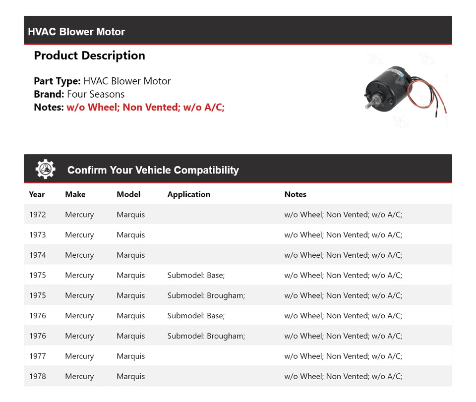 Motor soplador de climatización Mercury Marquis 1972-1978 4 estaciones 1973 1974 1975 1976 Foto 2 de 4