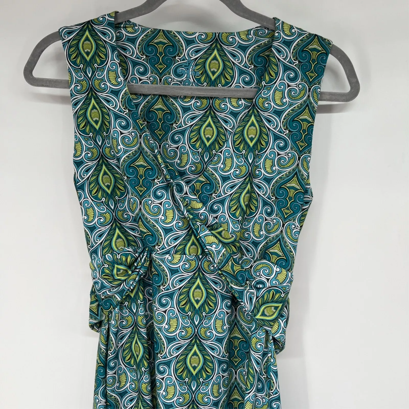 prana faux wrap v-neck stretch paisley floral a line boho 