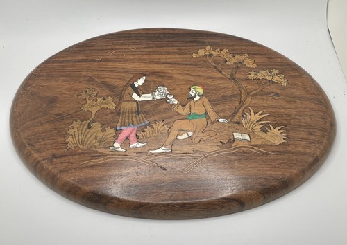 Marquetry India Wood Inlaid Oval Plaque Woman Gives Man Tea Under Tree Wall Art - Picture 6 of 9