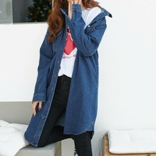 Lady Denim Long Shirt Collared Pockets Blouse Coat Top Boyfriend Style Navy Blue