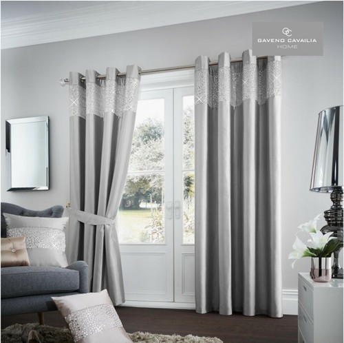 Aviv Silk Curtains Pair with Tie Back Eyelet Ring Top Fully Lined Shimmer Panel - Picture 11 of 11