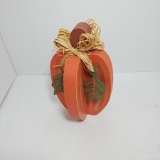 4 Sided 3D Wood Pumpkin W/ Green Wood Leaves HandPainted Orange Green Fall Decor
