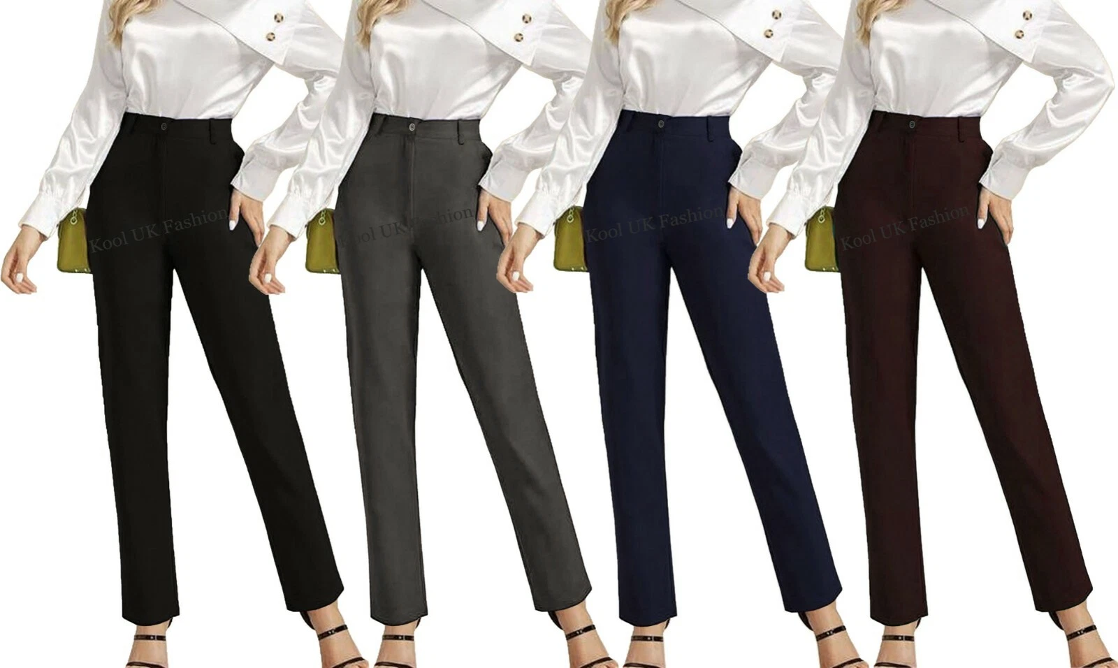 Womens Tailored Smart Trousers Office Work Black Regular Ladies Formal Everyday