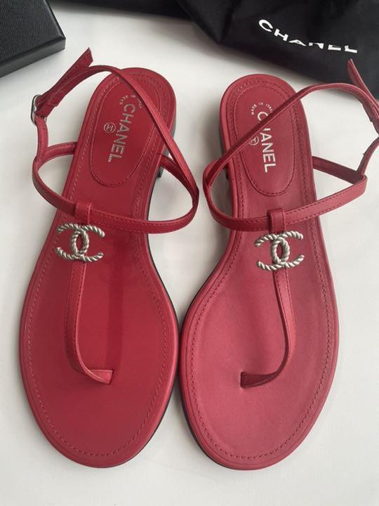 CHANEL Silver CC Logo Red Ankle Strap Thong Sandals EUR35.5