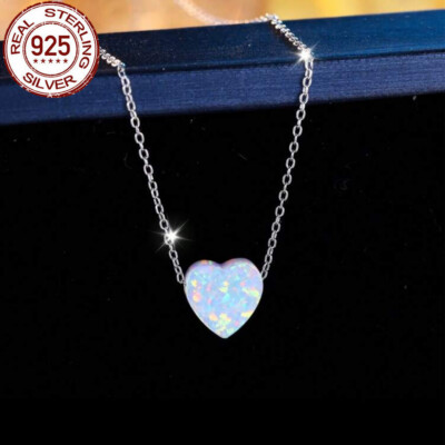 Women Opal Heart Dangle Pendant Necklace 925 Sterling Silver