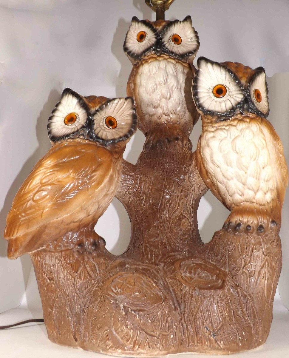 ⭐ Vintage Chalk Ware Plaster 3 Owls Table Lamp Mid Century Modern
