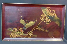 japon art Asie joli plateau ancien bois laqué 54cm décor oiseaux jardin grue