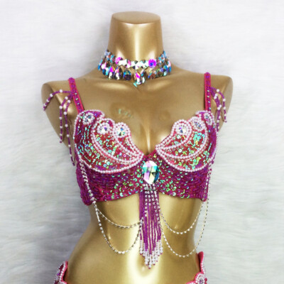 Women Beaded Sequins Belly Dance Costume Samba Carnival Dance Top Bra 10 Colors