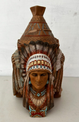 Vintage 1992 Native American 3 Indian Chief Heads Tobacco Jar Teepee Lid Signed