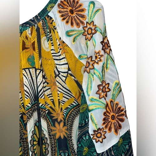KAS WOMENS FLORAL EMBROIDERED PULLOVER TUNIC TOP IN YELLOW Size Small - Picture 7 of 9